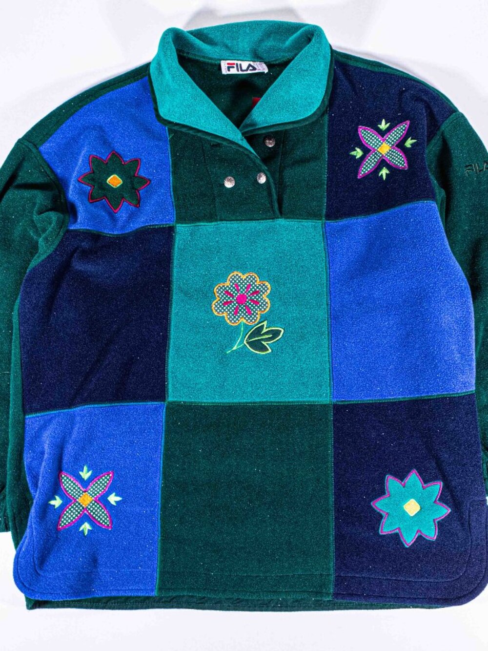 Vintage 90s FILA Fleece Pullover Made in Italy Floral Embroidered Womens Size 14